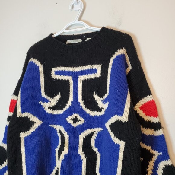 Vintage 90s Patterned Wool Heavy Knit Sweater Black Size XL - Picture 3 of 5